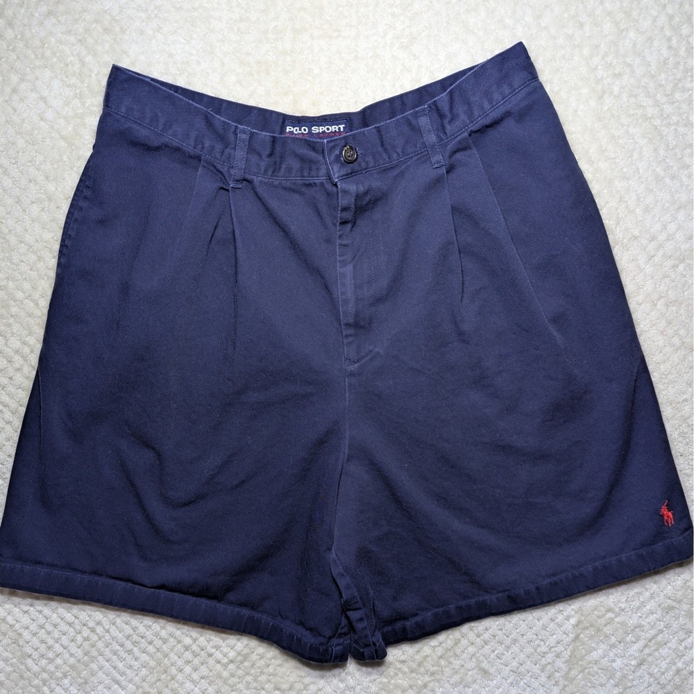 Vintage Polo Sport Ralph Lauren Shorts 12‎ Navy 100% Cotton Pleated 90s Women